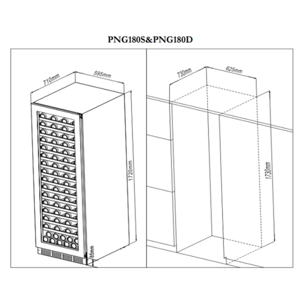 Pevino Majestic Display 159 Flaschen - 1 Zone - Schwarze Glasfront - Holzvorderkante